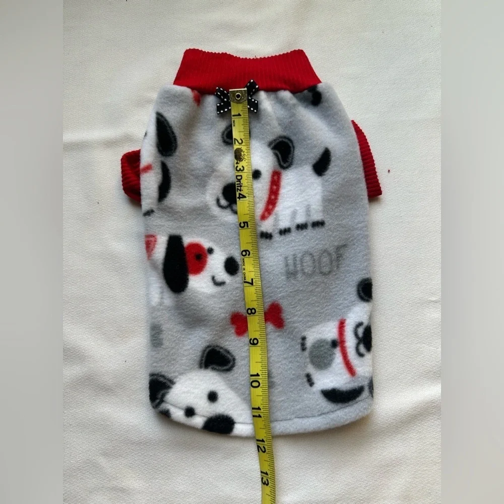 Handmade Small Dog Fleece Sweater | Cozy Puppy Print | Red Ribbed Trim